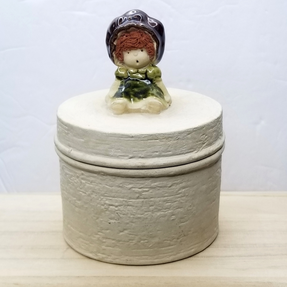 Vintage Unique Stoneware Round Textured Trinket With Girl Figurine on the Lid